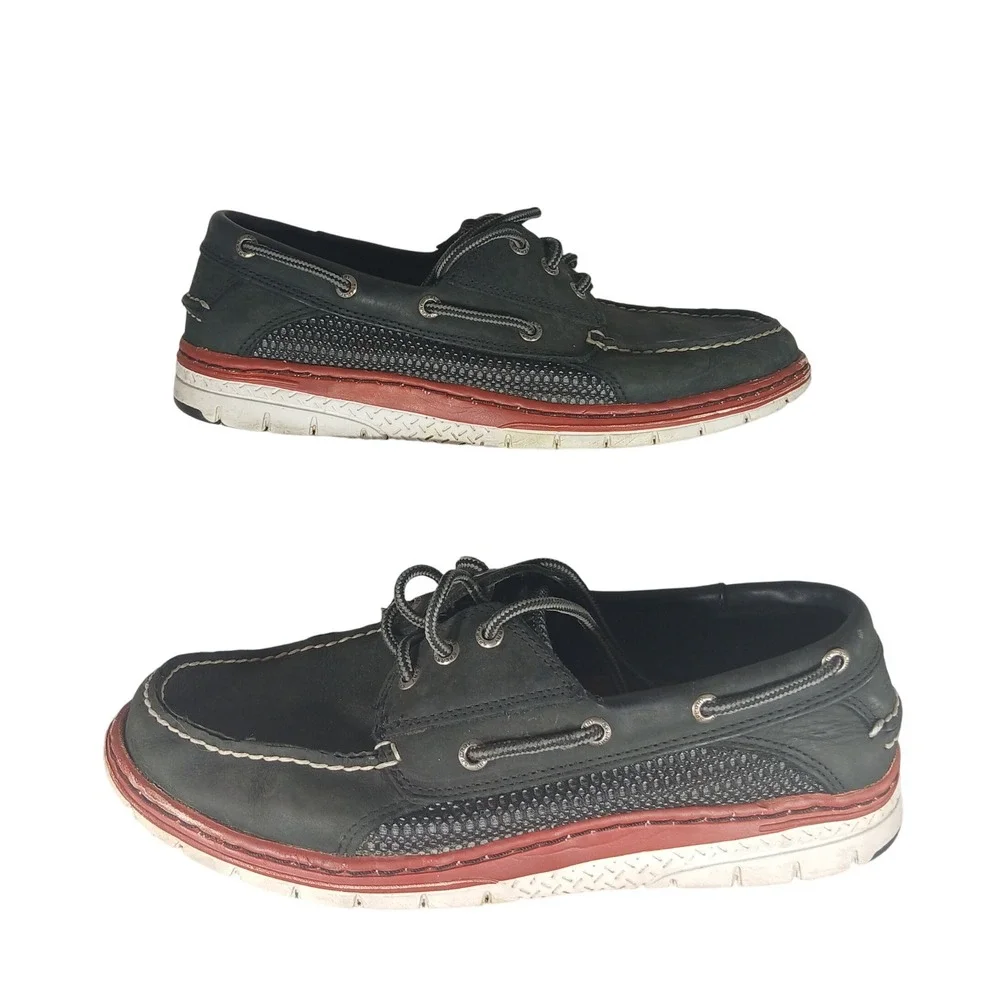 Sperry Top-Sider Mens Boat Shoes Leather Black Gray Mesh Red Trim‎ Size 9.5M